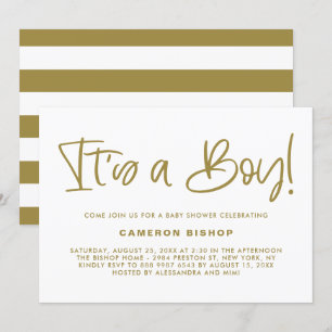 Gold Cute Calligraphy It's a Boy Baby Shower Invitation