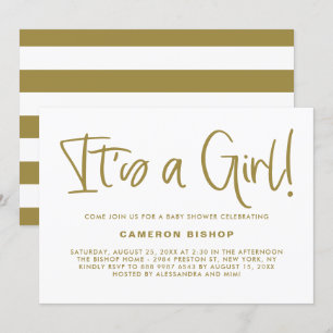 Gold Cute Calligraphy It's a Girl Baby Shower Invitation