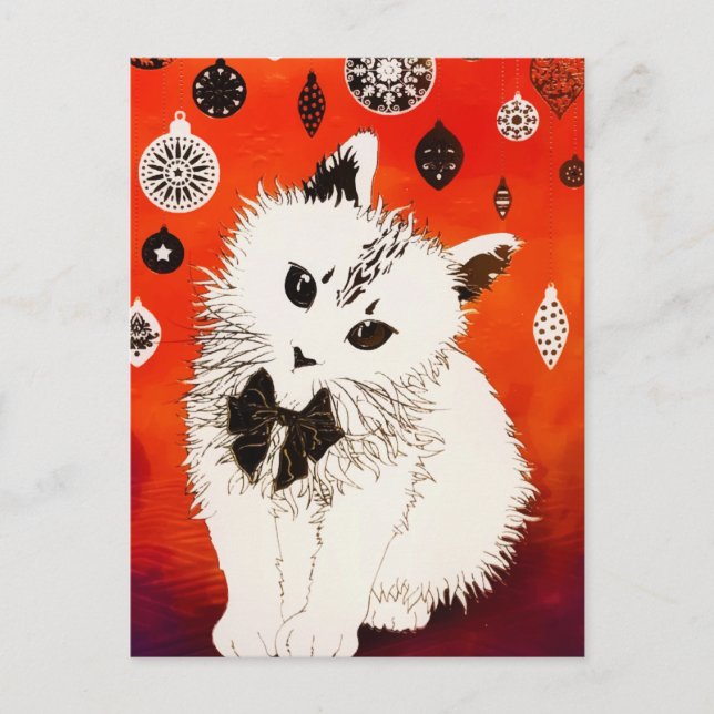 Gold Cute Cat Winter Christmas Baubles Postcard (Front)
