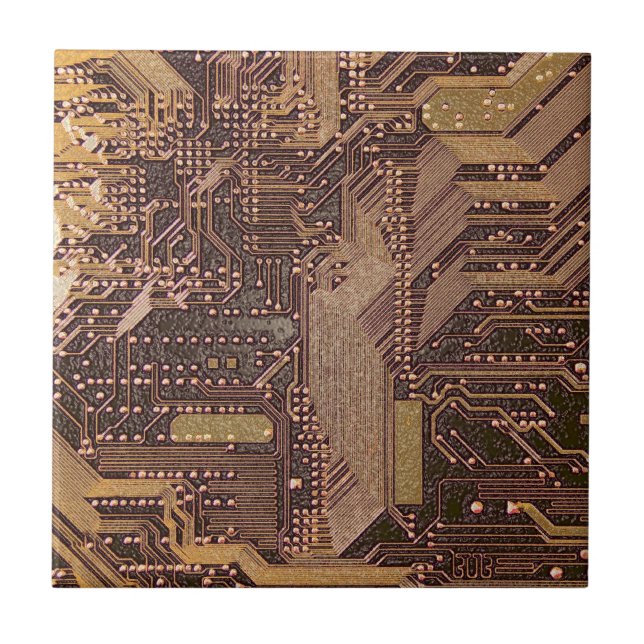 Gold Cyber Circuit Board Tech Art Electronics Tile (Front)