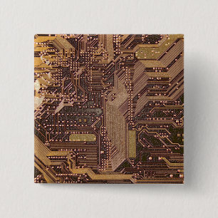Gold Cyber Circuit Board Tech Electronics 2 Inch Square Button