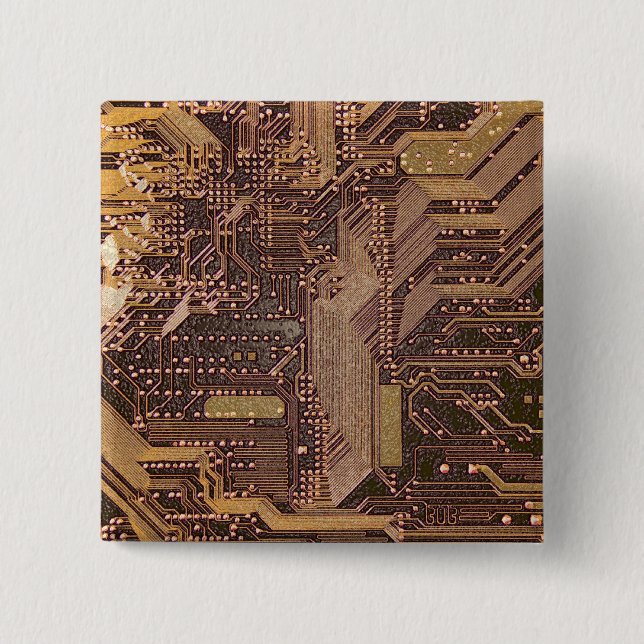 Gold Cyber Circuit Board Tech Electronics 2 Inch Square Button (Front)