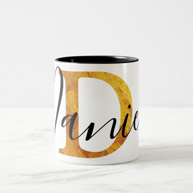 Gold 'D' Monogram w/ Personalized Name Two-Tone Coffee Mug (Center)