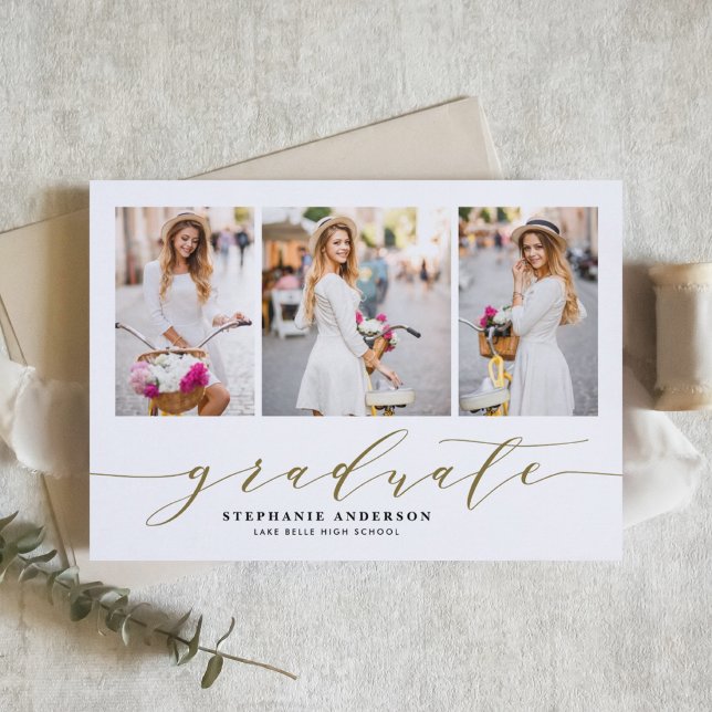 Gold Dainty Script Three Photo Graduation Announcement (Customizable photo collage graduation announcement featuring whimsical script. )