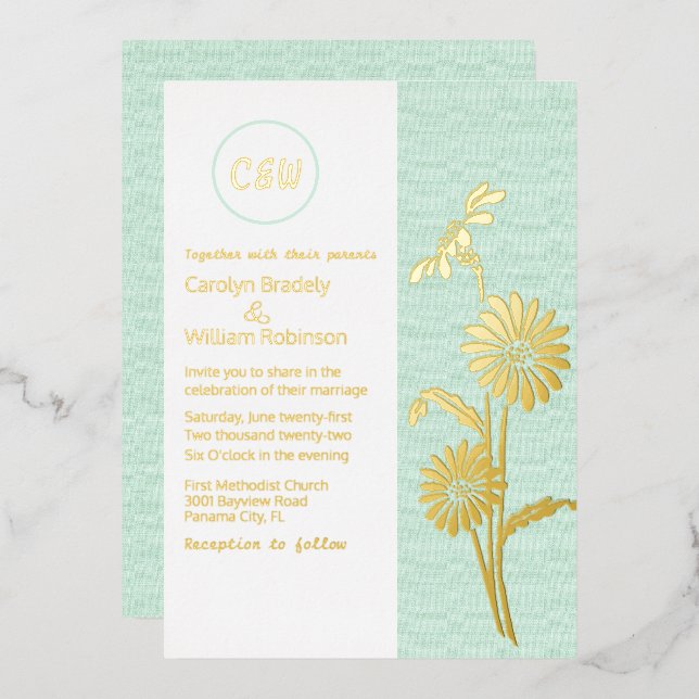 Gold Daisies Monogramme Mariage Foil Invitation (Recto/Verso)