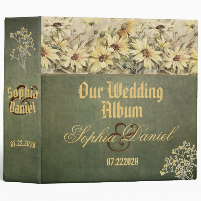 Gold Daisies With Sage Wedding Album Binder (Front/Spine)