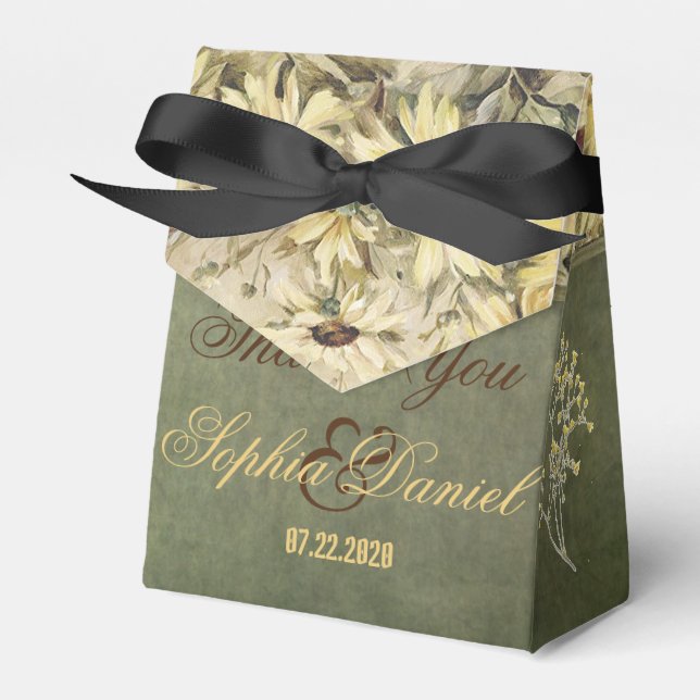 Gold Daisies With Sage Wedding Favour Box (Front Side)