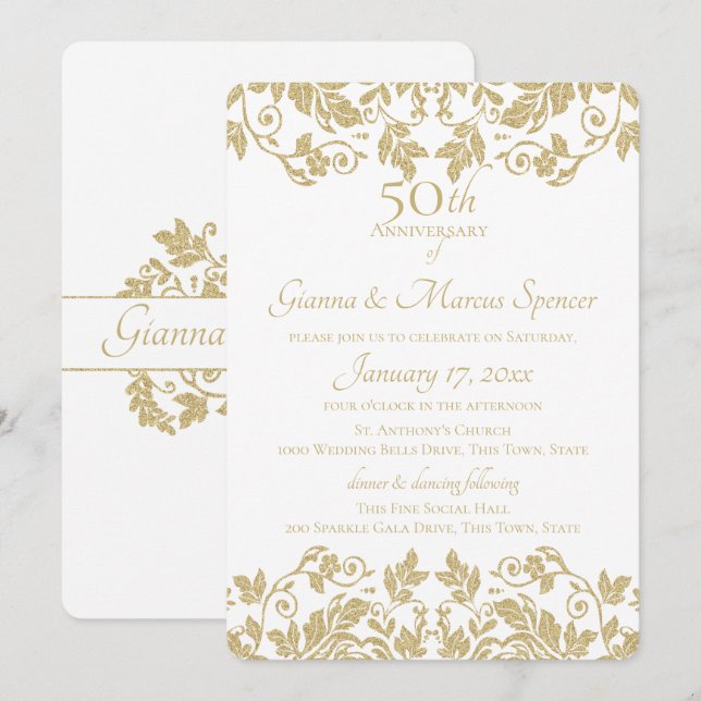Gold Damask 50th Anniversary Invitation (Front/Back)