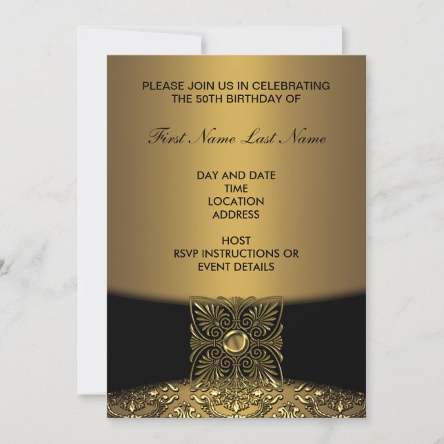 Gold Damask 50th Birthday Party Invitation (Devant)