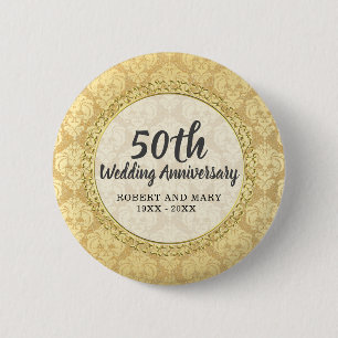 Gold Damask 50th Wedding Anniversary 2 Inch Round Button