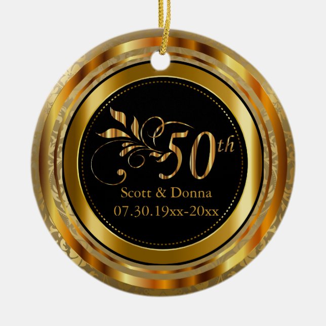 Gold Damask 50th Wedding Anniversary Ceramic Ornament (Front)