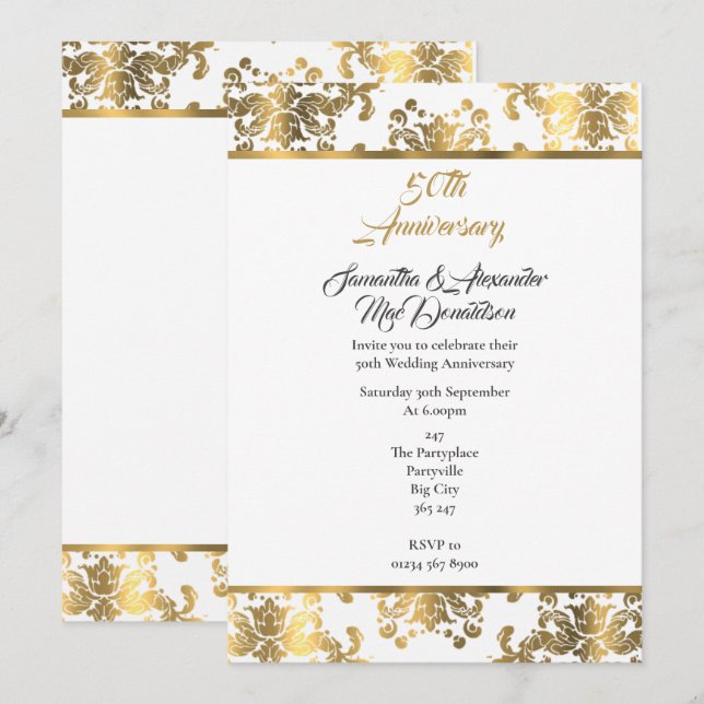 Gold damask 50th wedding anniversary invitation (Front/Back)