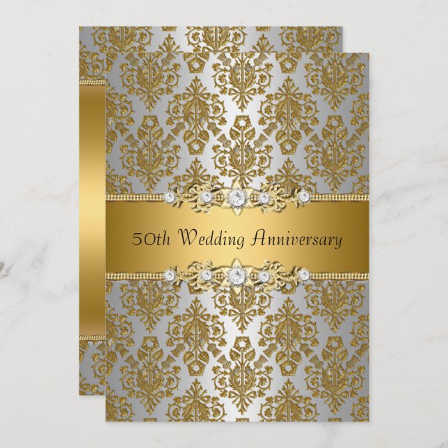 Gold Damask 50th Wedding Anniversary Invite (Front/Back)