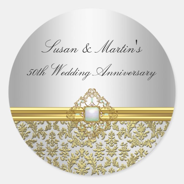 Gold Damask 50th Wedding Anniversary Sticker (Front)