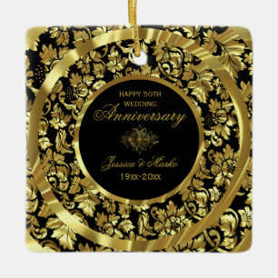 Gold Damask And Black Background 50th Anniversary Ceramic Ornament