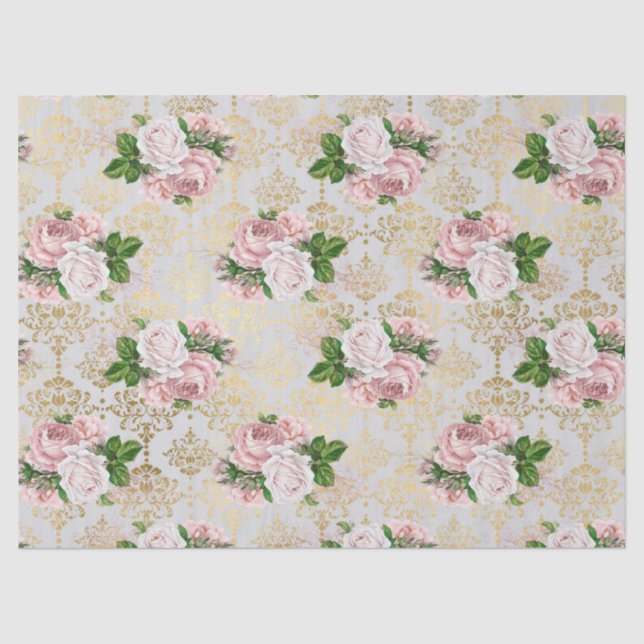 Gold Damask and Pink Roses Decoupage Tissue Paper (Front)