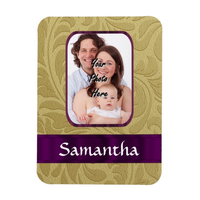 Gold damask and purple ribbon magnet (Vertical)