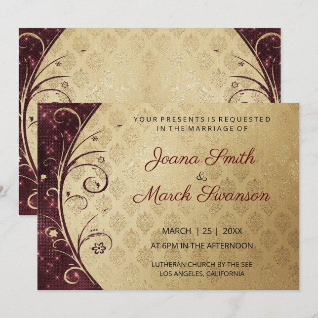 Gold Damask And Purple Swirls Wedding Invitation (Front/Back)