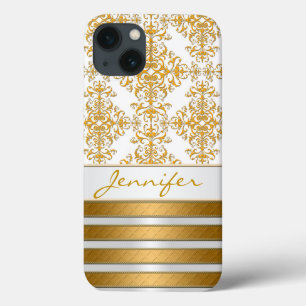 Gold Damask and Stripes Personalized iPhone 13 Case