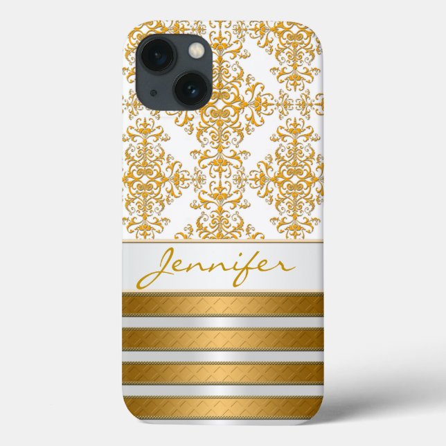 Gold Damask and Stripes Personalized Case-Mate iPhone Case (Back)