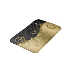 Gold Damask And Swirl And Black Damask Bath Mat