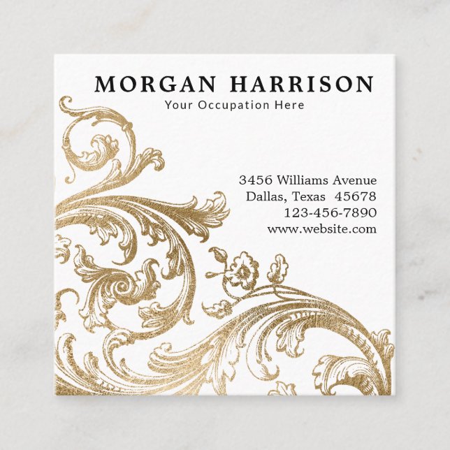 Gold Damask Baroque Swirl Square Business Card (Front)
