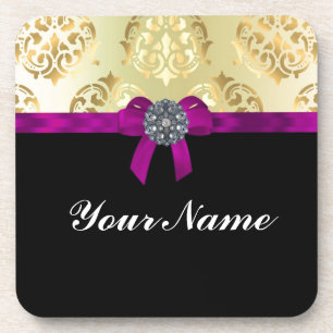 Gold damask & black personalized coaster