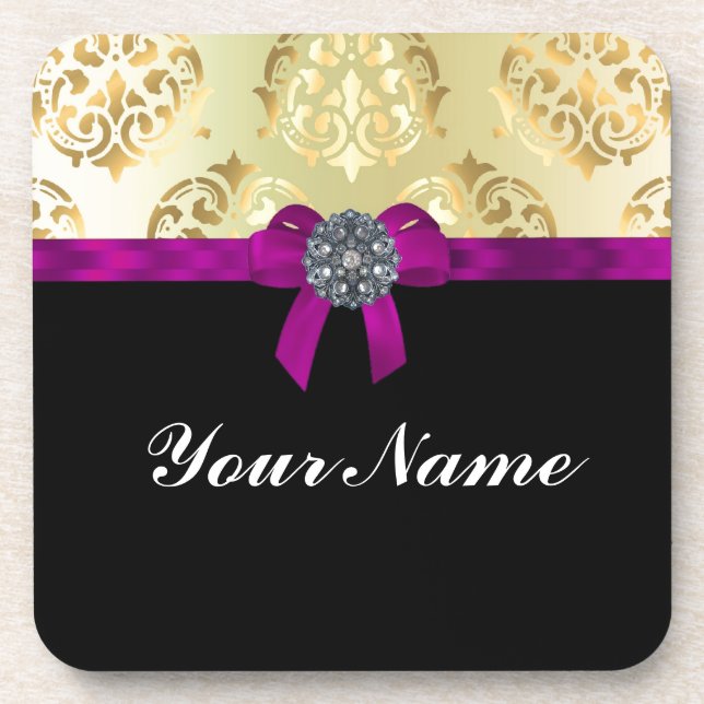 Gold damask & black personalized coaster (Front)