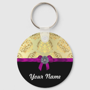 Gold damask & black personalized keychain