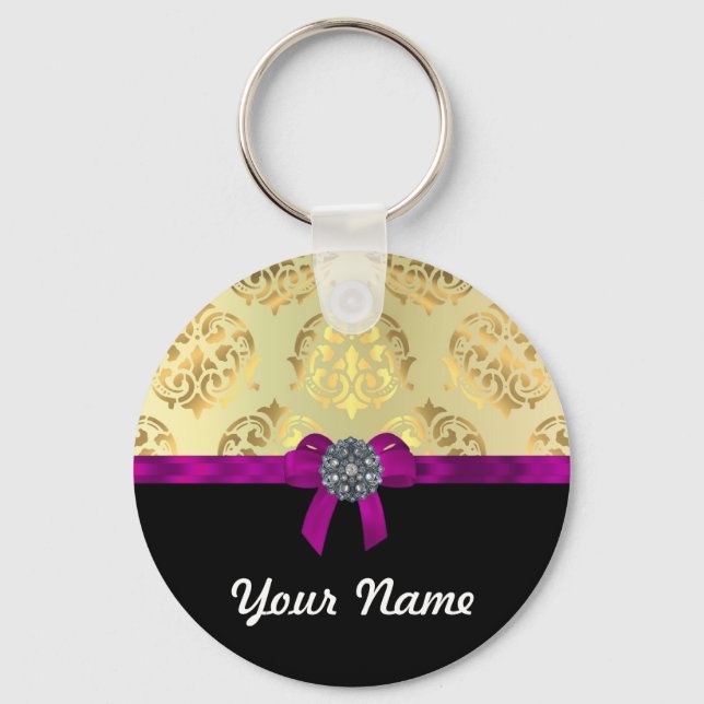 Gold damask & black personalized keychain (Front)