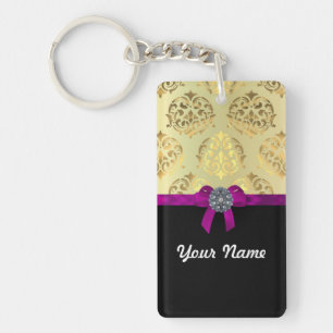 Gold damask & black personalized keychain