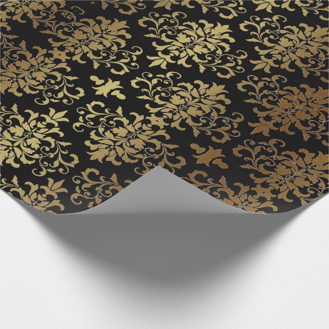 Gold Damask Black Script Elegant Wrapping Paper (Corner)
