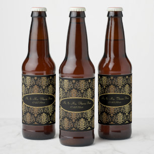 Gold Damask Black Script Wedding Elegant Beer Bottle Label