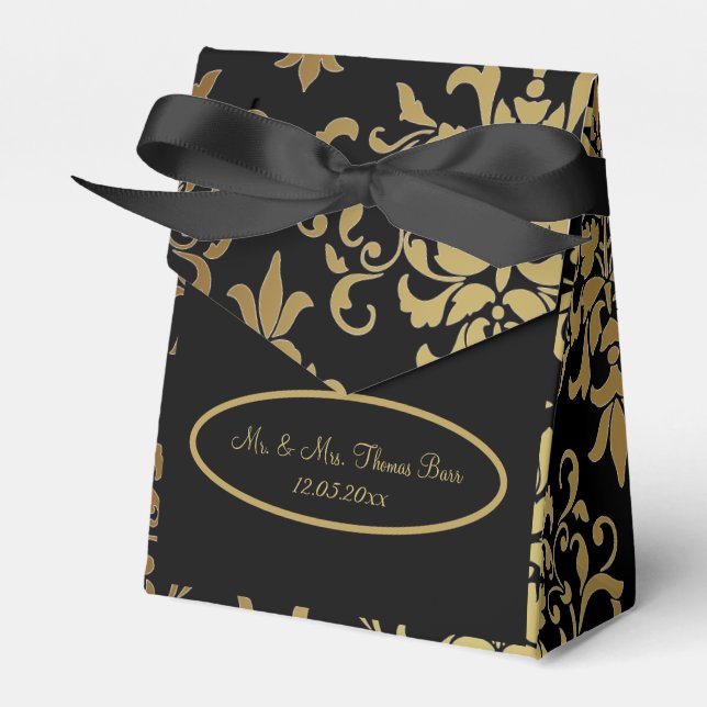 Gold Damask Black Script Wedding Elegant Favor Box (Front Side)
