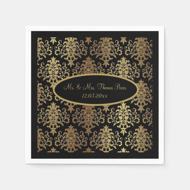 Gold Damask Black Script Wedding Elegant Napkin (Front)