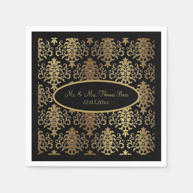 Gold Damask Black Script Wedding Elegant Napkin (Front)