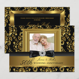 Gold Damask & Bow Photo 50th Wedding Anniversary Invitation