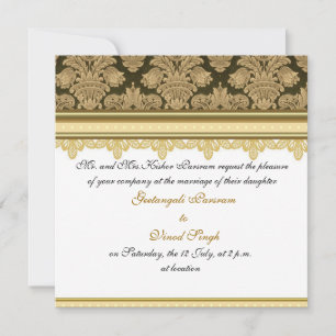 Gold damask brocade Hindu wedding Invitation