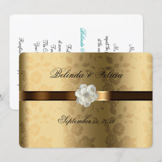 Gold Damask Chocolate Brown Satin White Flower Invitation