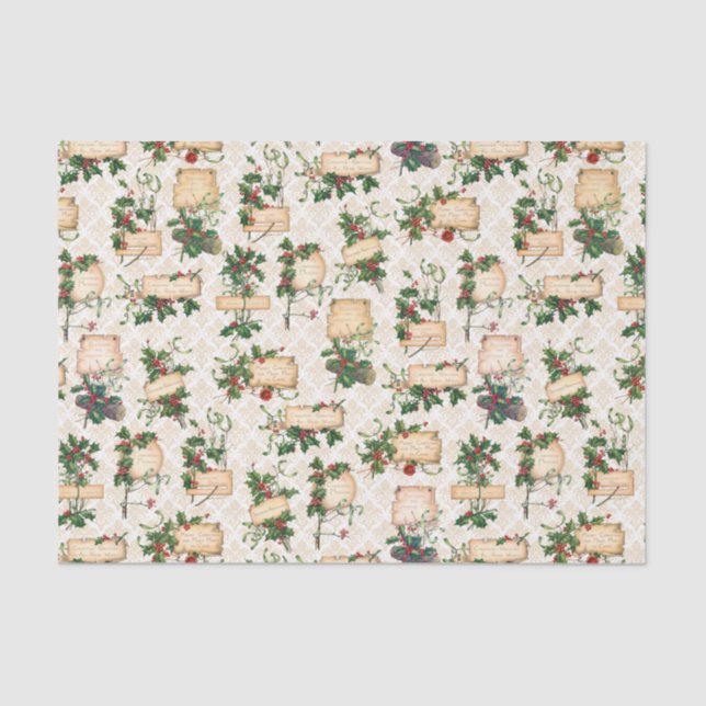 Gold Damask, Christmas Greetings & Vintage Holly Tissue Paper (Front)