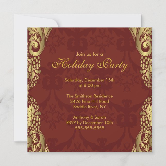 Gold Damask Christmas Holiday Party Invitation (Front)
