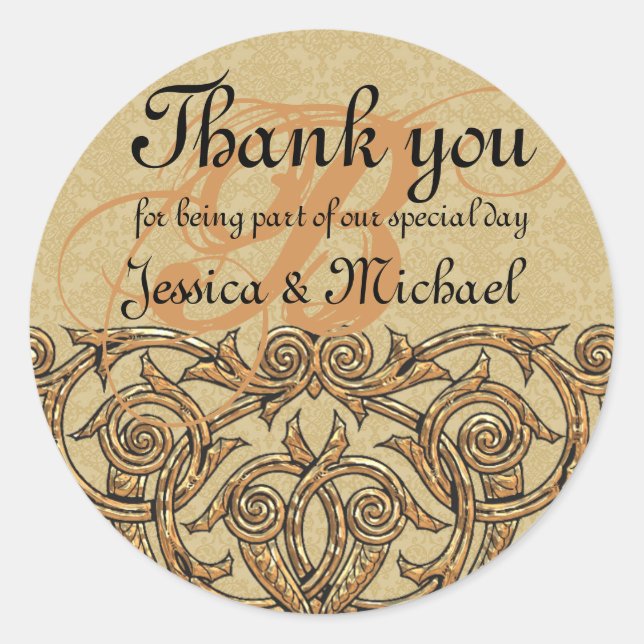 Gold Damask Custom Monogram Wedding Favour Seal (Front)