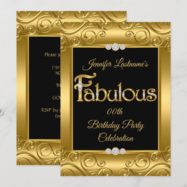 Gold Damask Diamond Fabulous Birthday Party Invitation (Front/Back)