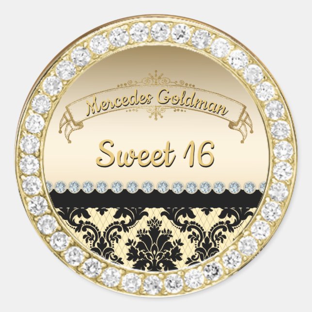 Gold Damask & Diamonds Sweet 16 Birthday Classic Round Sticker (Front)