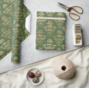 Gold Damask Elegant Green Vintage Holiday Wrapping Paper