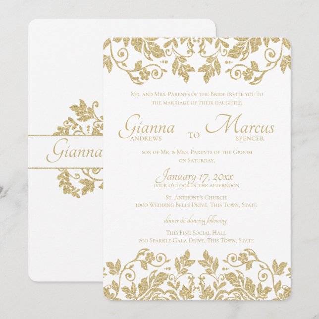 Gold Damask Emblem Wedding Invitation (Front/Back)