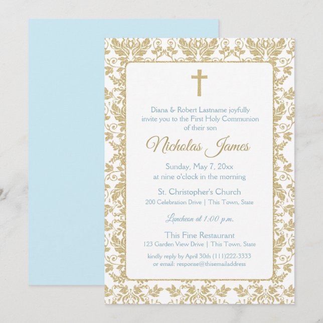 Gold Damask First Communion with Blue Invitation (Front/Back)