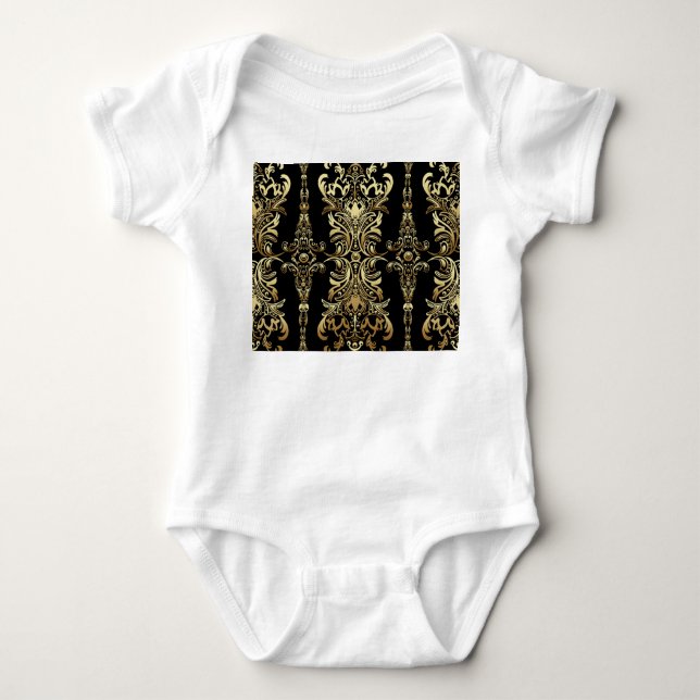 Gold Damask, Floral Arabesque Pattern. Baby Bodysuit (Front)