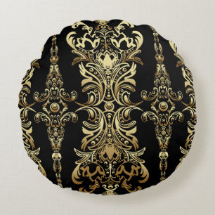 Gold Damask, Floral Arabesque Pattern. Round Pillow