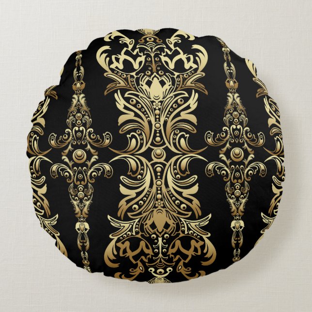 Gold Damask, Floral Arabesque Pattern. Round Pillow (Front)